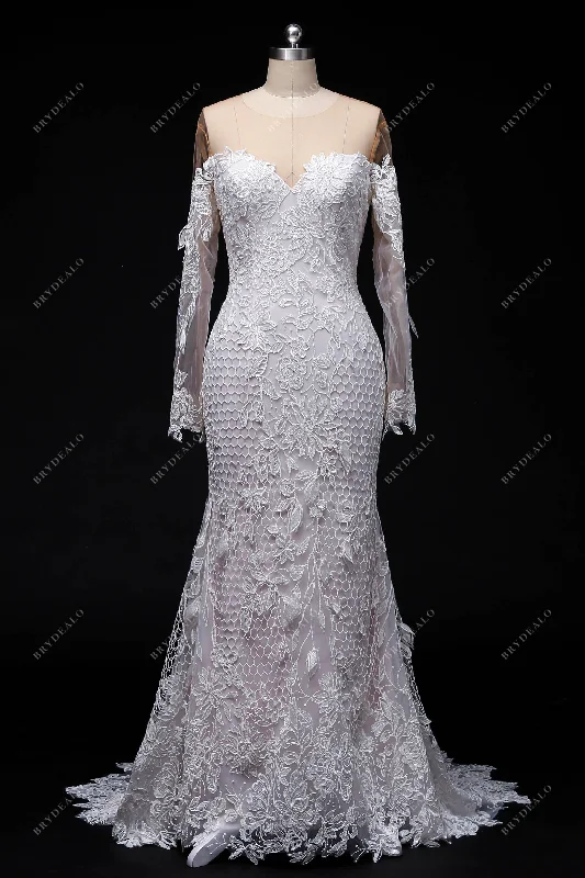 Designer Foliage Lace Mermaid Bridal Dress with Long Sleeves