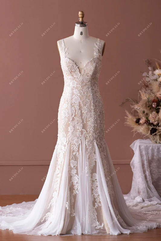 Designer Lace Straps Champagne Mermaid Wedding Dress