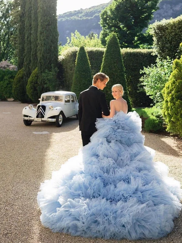 Drama Ball Gown Wedding Dress Dusty Blue Tiered Tulle Wedding Dress WD1921