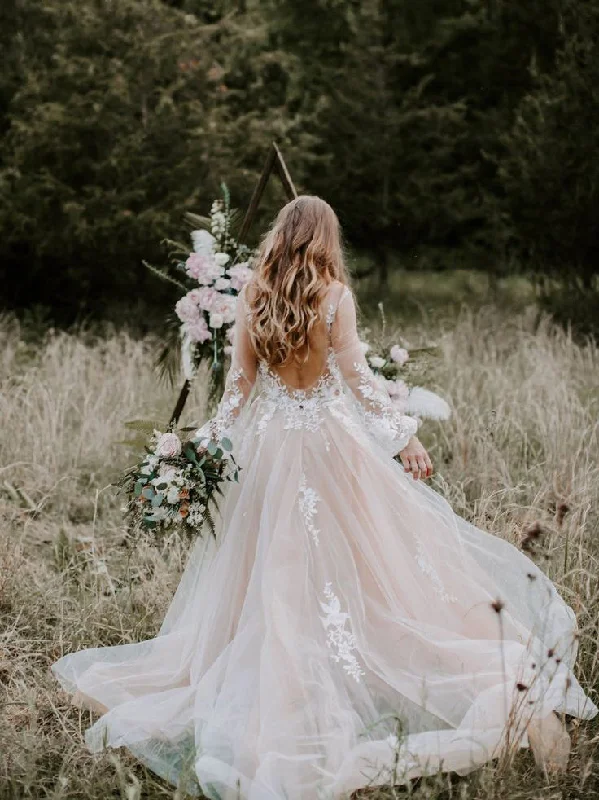 Wedding dresses with low backs for a daring look-Dreamy Long Sleeves A-line Wedding Dresses Applique Tulle Backless Bridal Gowns WD527 Wedding dresses with low backs for a daring look-Dreamy Long Sleeves A-line Wedding Dresses Applique Tulle Backless Bridal Gowns WD527