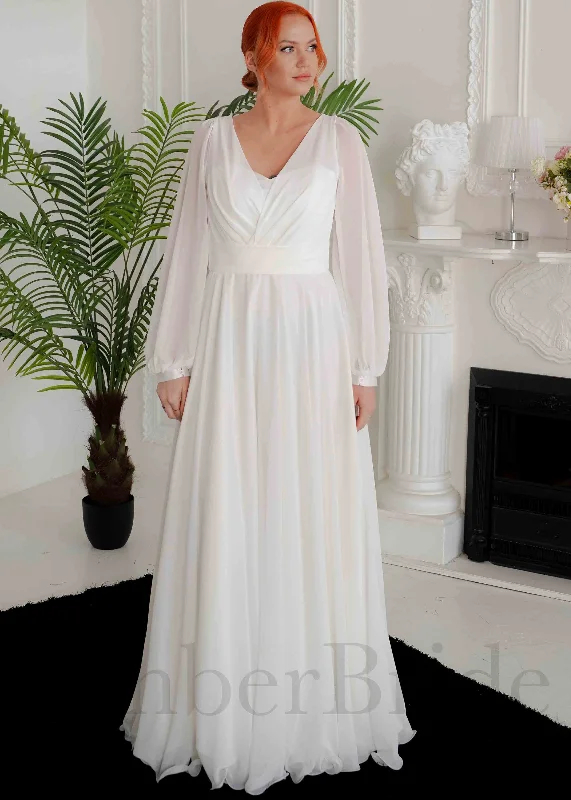 Wedding dresses with cap sleeves for a vintage look-Elegant A Line Chiffon Wedding Dress with Bishop Sleeves and Buttons Back Wedding dresses with cap sleeves for a vintage look-Elegant A Line Chiffon Wedding Dress with Bishop Sleeves and Buttons Back
