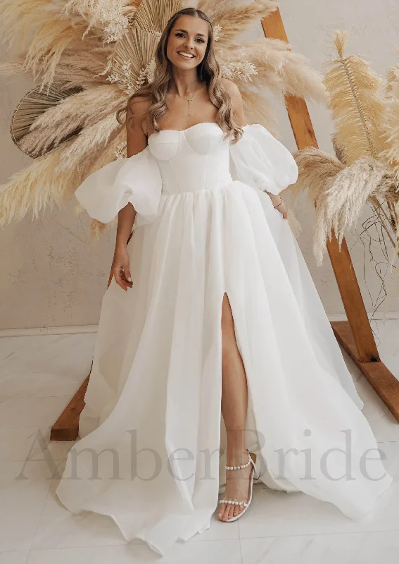 Wedding dresses with statement sleeves for extra drama-Elegant A Line Organza Wedding Dress with Off Shoulder Sweetheart Design and Puffed Sleeves Wedding dresses with statement sleeves for extra drama-Elegant A Line Organza Wedding Dress with Off Shoulder Sweetheart Design and Puffed Sleeves