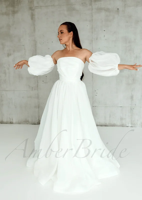 Wedding dresses with open back styles for added allure-Elegant A Line Organza Wedding Dress with Strapless Design and Puffed Sleeves Wedding dresses with open back styles for added allure-Elegant A Line Organza Wedding Dress with Strapless Design and Puffed Sleeves