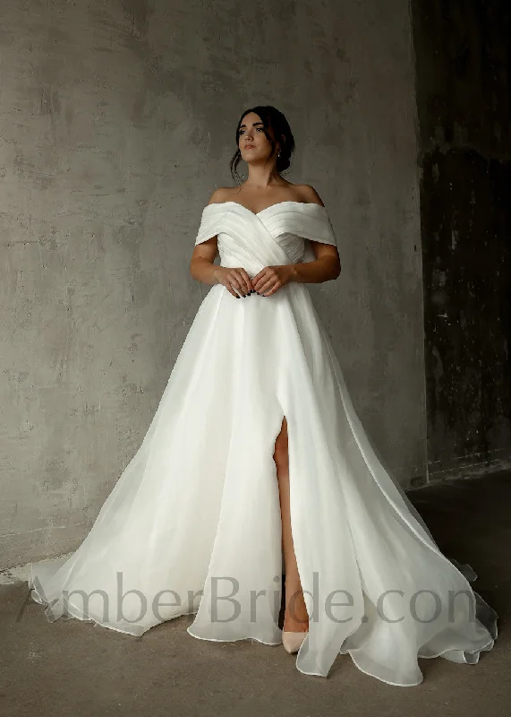 Wedding dresses with detailed lace sleeves for elegance-Elegant A-Line Pleated Organza Wedding Dress with Off-Shoulder Design and Stylish Slit Wedding dresses with detailed lace sleeves for elegance-Elegant A-Line Pleated Organza Wedding Dress with Off-Shoulder Design and Stylish Slit
