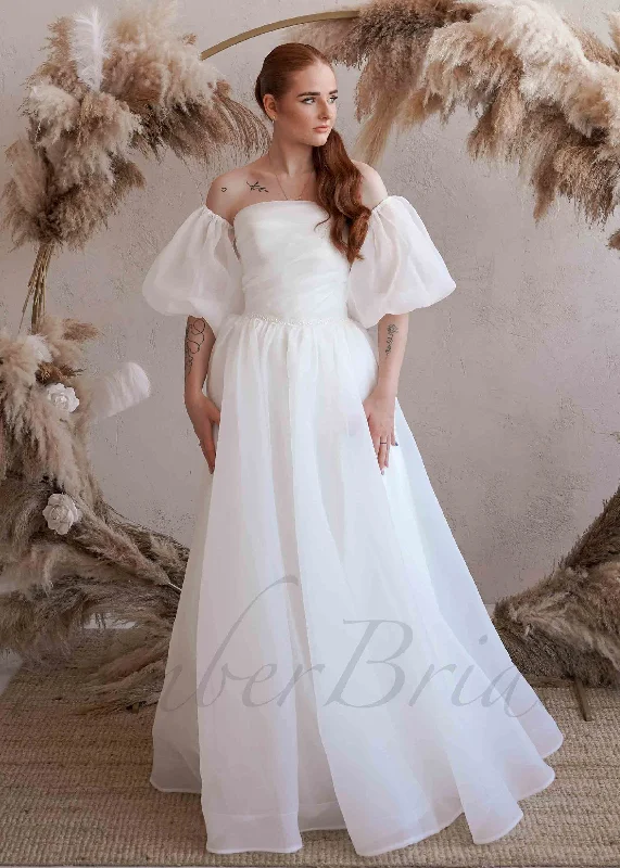 Where to find wedding dresses for every style-Elegant A-Line Pleated Organza Wedding Dress with Straight Neckline and Puffed Sleeves Where to find wedding dresses for every style-Elegant A-Line Pleated Organza Wedding Dress with Straight Neckline and Puffed Sleeves
