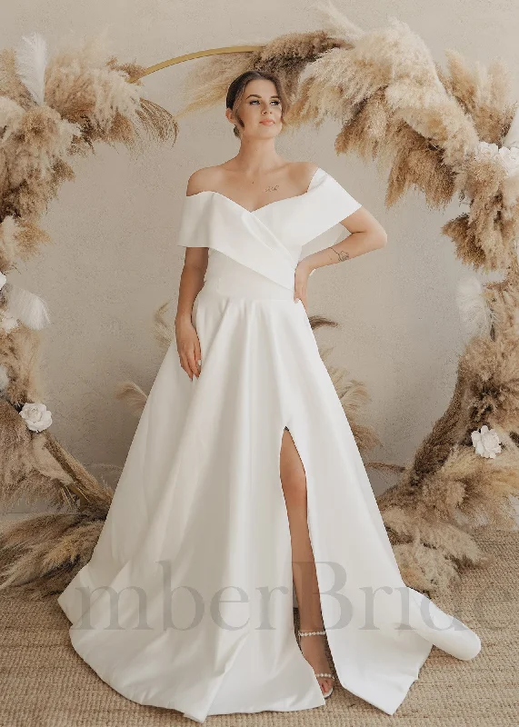 How to choose the best wedding dress for your wedding theme-Elegant A Line Satin Wedding Dress with Off Shoulder Design and Slit How to choose the best wedding dress for your wedding theme-Elegant A Line Satin Wedding Dress with Off Shoulder Design and Slit
