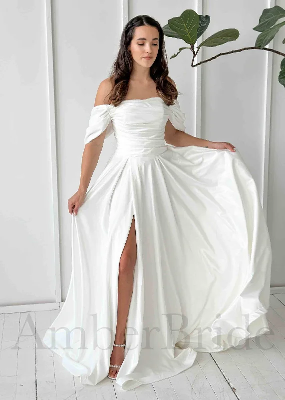 Vintage-inspired wedding dresses for a retro look-Elegant A Line Satin Wedding Dress with Off Shoulder Design Vintage-inspired wedding dresses for a retro look-Elegant A Line Satin Wedding Dress with Off Shoulder Design