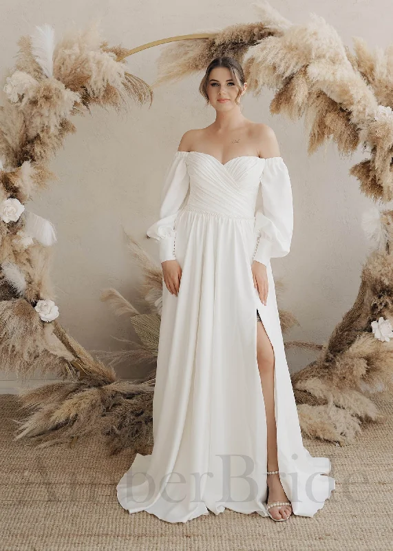 Wedding dresses with luxurious detailing for a show-stopping look-Elegant A-Line Satin Wedding Dress with Off Shoulder Long Puffy Sleeves Wedding dresses with luxurious detailing for a show-stopping look-Elegant A-Line Satin Wedding Dress with Off Shoulder Long Puffy Sleeves