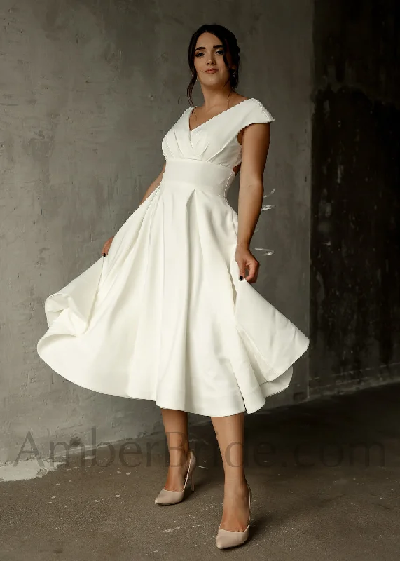 Wedding dresses for a beach or seaside wedding-Elegant A-Line Tea Length Short Satin Dress with Cap Sleeves and Open Back Wedding dresses for a beach or seaside wedding-Elegant A-Line Tea Length Short Satin Dress with Cap Sleeves and Open Back