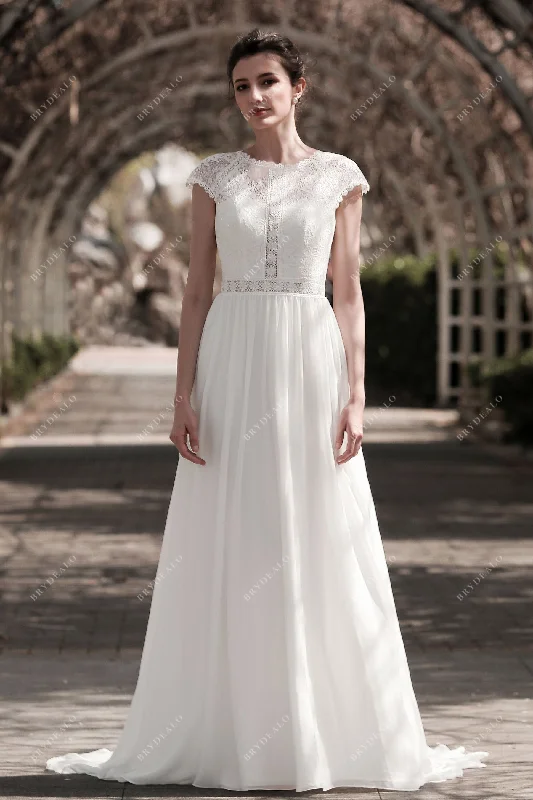 Elegant Cap Sleeve Lace and Chiffon A-line Wedding Dress