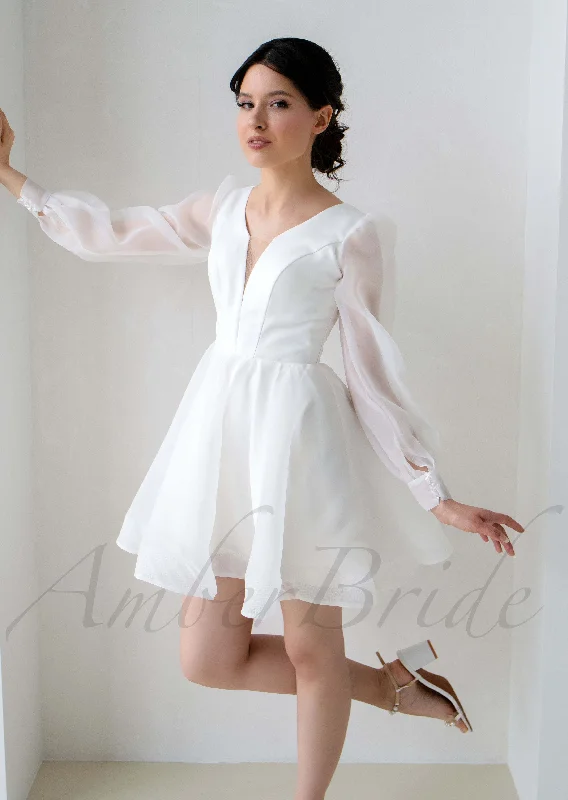 Wedding dresses with subtle elegance for a refined look-Elegant Knee Length Organza Dress with Long Puffy Sleeve Wedding dresses with subtle elegance for a refined look-Elegant Knee Length Organza Dress with Long Puffy Sleeve