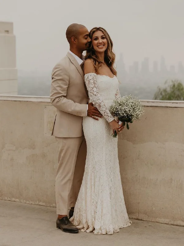 Wedding dresses with floral lace for a feminine touch-Elegant Lace Off-the-shoulder Neckline Mermaid Wedding Dresses WD552 Wedding dresses with floral lace for a feminine touch-Elegant Lace Off-the-shoulder Neckline Mermaid Wedding Dresses WD552