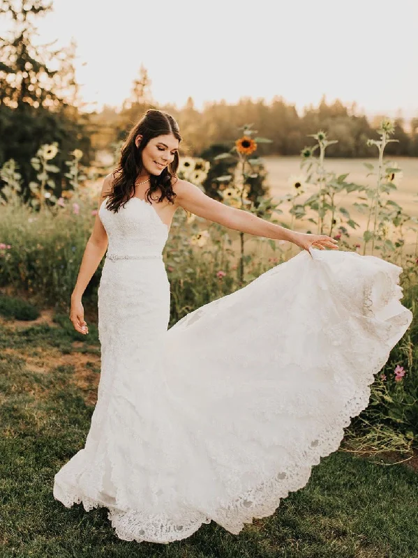 Best bridal wedding dresses for destination weddings-Elegant Lace Satin Strapless Sweep Train Backless Mermaid Wedding Dresses WD373 Best bridal wedding dresses for destination weddings-Elegant Lace Satin Strapless Sweep Train Backless Mermaid Wedding Dresses WD373