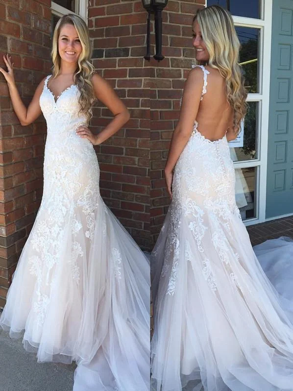 Wedding dresses for brides with hourglass figures-Elegant Tulle Spaghetti Straps Neckline Chapel Train Mermaid Wedding Dress WD058 Wedding dresses for brides with hourglass figures-Elegant Tulle Spaghetti Straps Neckline Chapel Train Mermaid Wedding Dress WD058