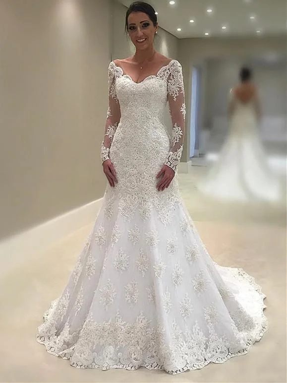 Wedding dresses for brides on a limited budget-Elegant Lace V-neck Neckline Mermaid Wedding Dresses With Appliques WD087 Wedding dresses for brides on a limited budget-Elegant Lace V-neck Neckline Mermaid Wedding Dresses With Appliques WD087