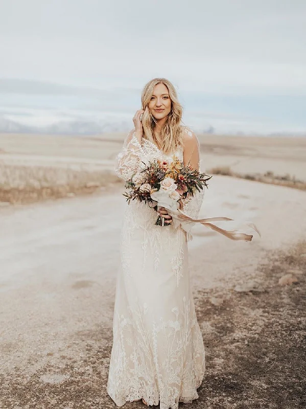 Wedding dresses with cap sleeves for a vintage look-Elegant Long Sleeves Lace Backless Wedding Dresses A-Line Sweep Train Bridal Gowns WD391 Wedding dresses with cap sleeves for a vintage look-Elegant Long Sleeves Lace Backless Wedding Dresses A-Line Sweep Train Bridal Gowns WD391