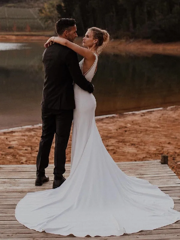 Elegant Mermaid Back-V Sleeveless Chapel Train Satin Appliqued Wedding Dresses WD404