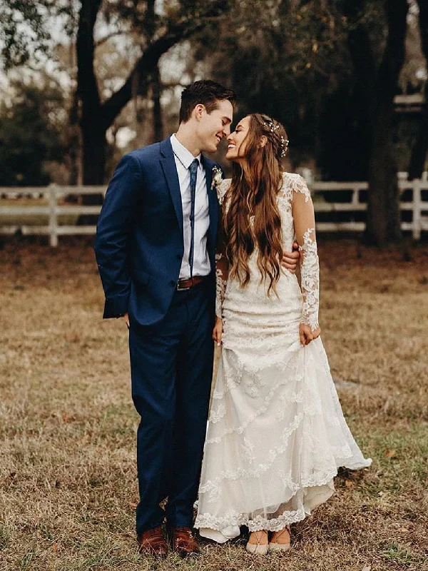 Affordable wedding dresses with open back designs-Elegant Mermaid Wedding Dresses Long Sleeves Lace Bridal Gowns WD232