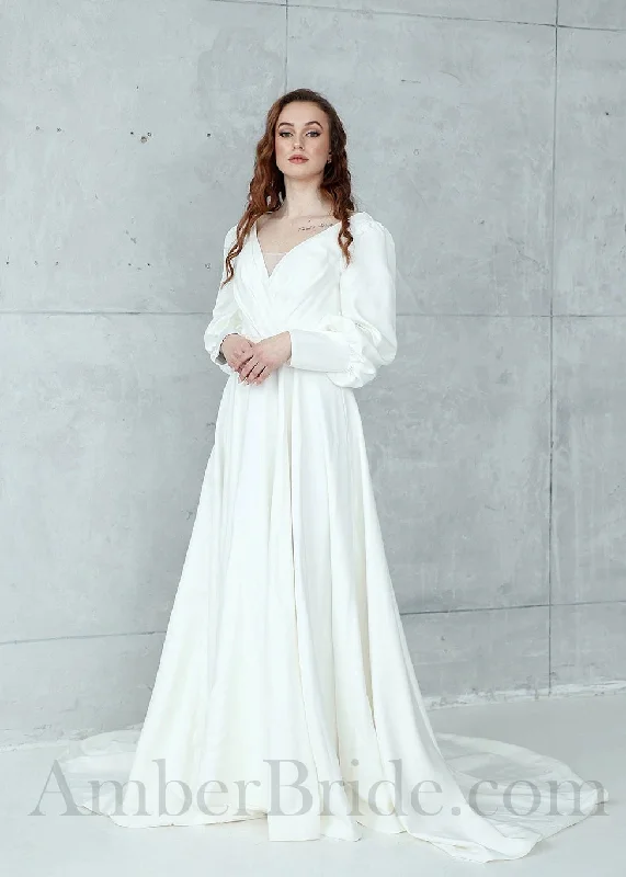 Should I buy my wedding dress online or in-store-Elegant Satin A-Line Wedding Dress with Long Bishop Sleeves and V-Shape Open Back Should I buy my wedding dress online or in-store-Elegant Satin A-Line Wedding Dress with Long Bishop Sleeves and V-Shape Open Back