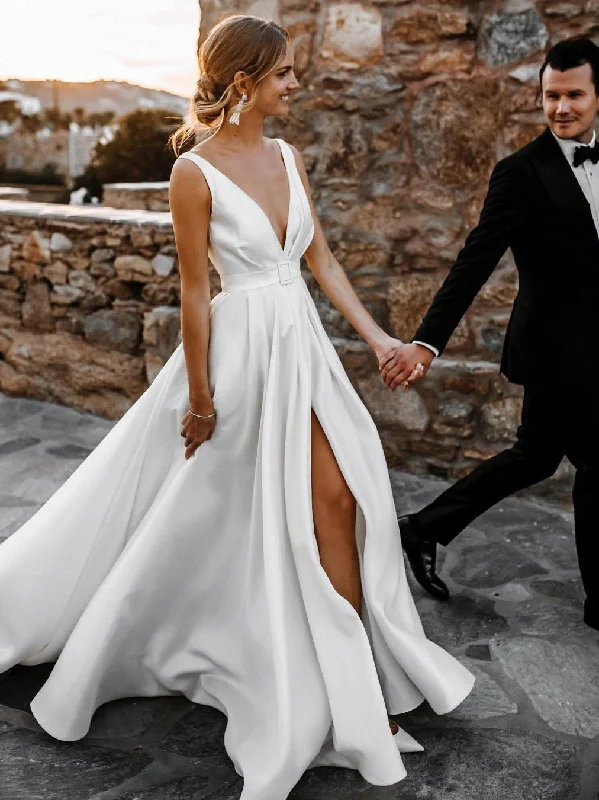 Wedding dresses with chiffon for a light, airy look-Elegant Satin V-neckline A-line Sweep Train Bridal Gowns WD567 Wedding dresses with chiffon for a light, airy look-Elegant Satin V-neckline A-line Sweep Train Bridal Gowns WD567