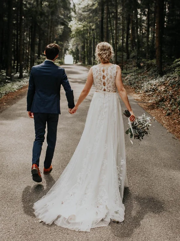 Bridal wedding dresses with luxurious fabrics-Elegant Tulle A-line Appliqued Wedding Dresses Sweep Train Gowns WD380 Bridal wedding dresses with luxurious fabrics-Elegant Tulle A-line Appliqued Wedding Dresses Sweep Train Gowns WD380