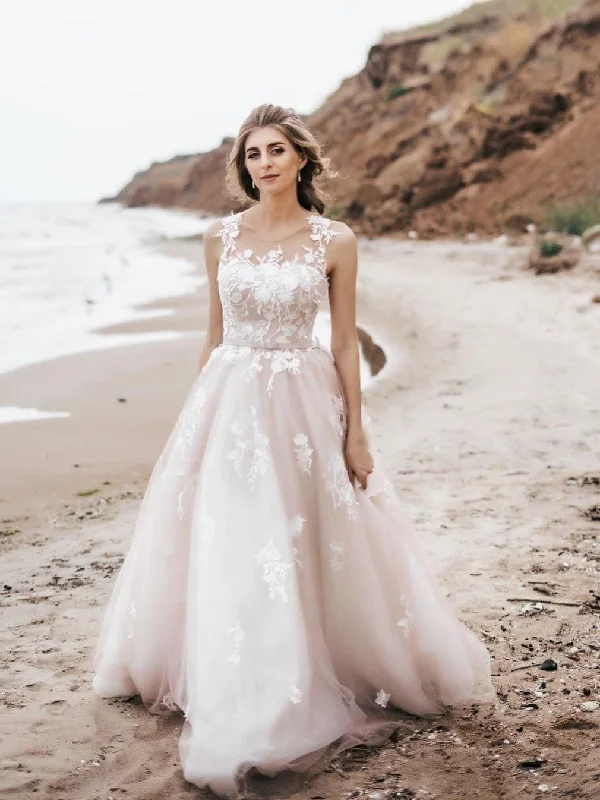 Elegant Tulle Illusion A-line Wedding Dresses Appliques Bridal Gowns WD487