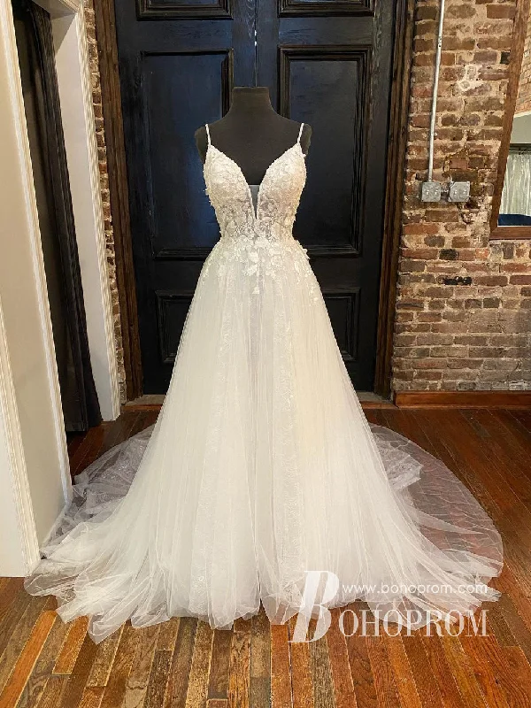 Excellent Lace & Tulle Spaghetti Straps Appliques Beaded A-line Wedding Dresses WD667