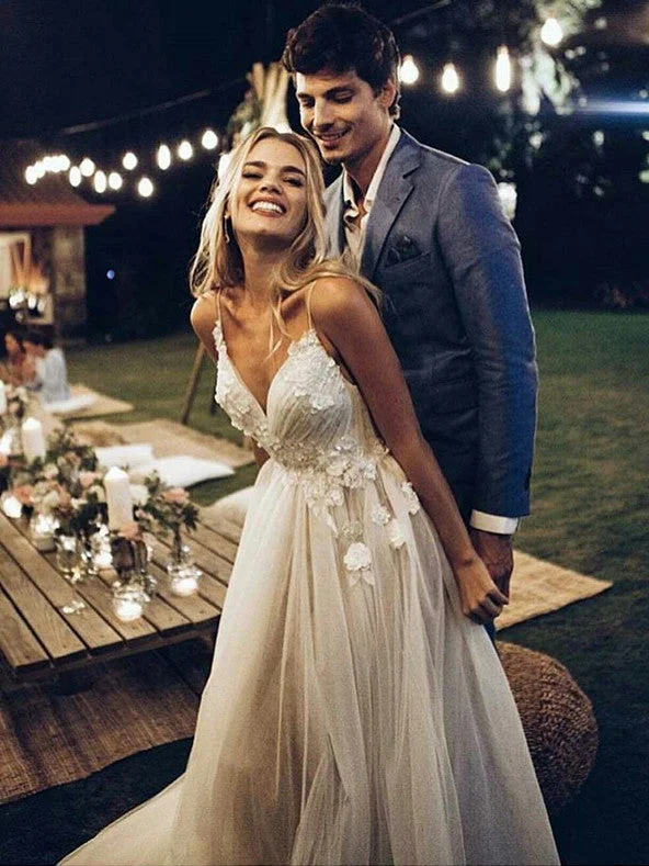 Wedding dresses with luxurious fabrics for a glamorous feel-Excellent Tulle Spaghetti Straps Neckline A-line Wedding Dresses With Appliques WD122 Wedding dresses with luxurious fabrics for a glamorous feel-Excellent Tulle Spaghetti Straps Neckline A-line Wedding Dresses With Appliques WD122