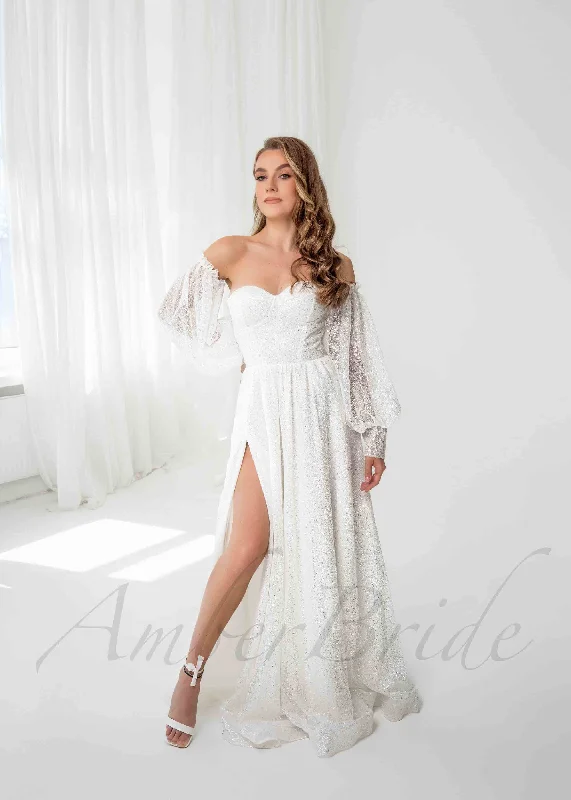 Wedding dresses with chiffon for a light, airy look-Exclusive A Line Glittery Tulle Wedding Dress with Long Puffy Sleeve Wedding dresses with chiffon for a light, airy look-Exclusive A Line Glittery Tulle Wedding Dress with Long Puffy Sleeve