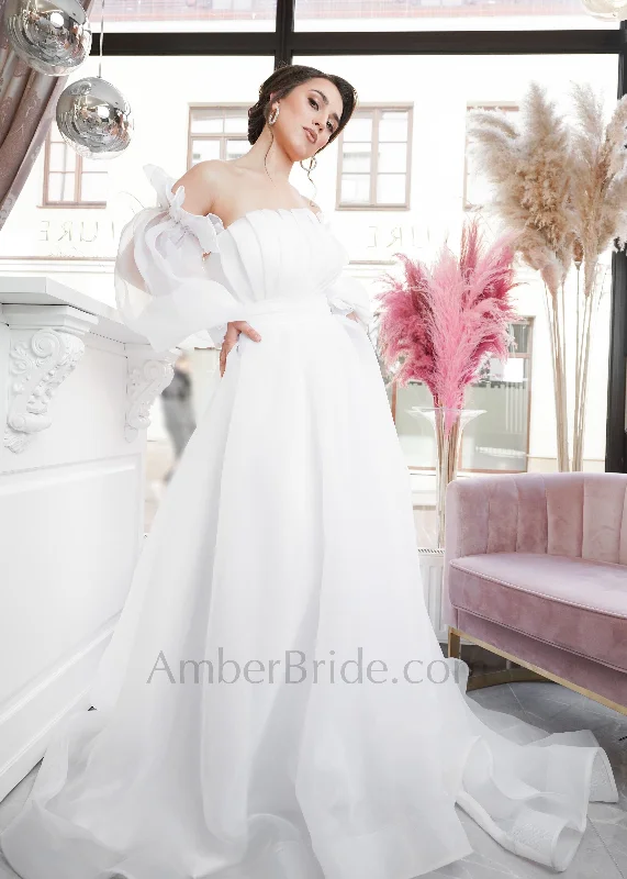 Best wedding dresses for a vintage or antique style-Exclusive A-Line Organza Wedding Dress with Detachable Off-Shoulder Bishop Sleeves Best wedding dresses for a vintage or antique style-Exclusive A-Line Organza Wedding Dress with Detachable Off-Shoulder Bishop Sleeves
