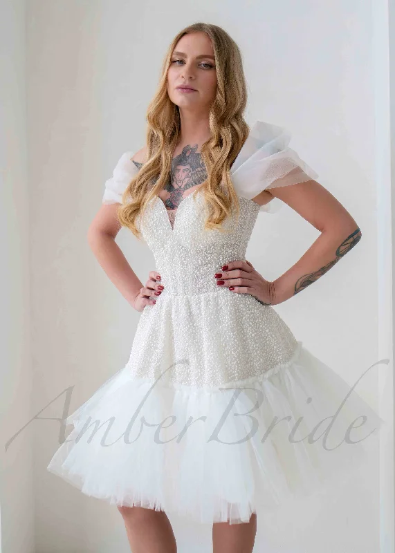 Wedding dresses with chiffon skirts for a flowing appearance-Exclusive Knee Length Off Shoulder Tulle dress with Corset Wedding dresses with chiffon skirts for a flowing appearance-Exclusive Knee Length Off Shoulder Tulle dress with Corset