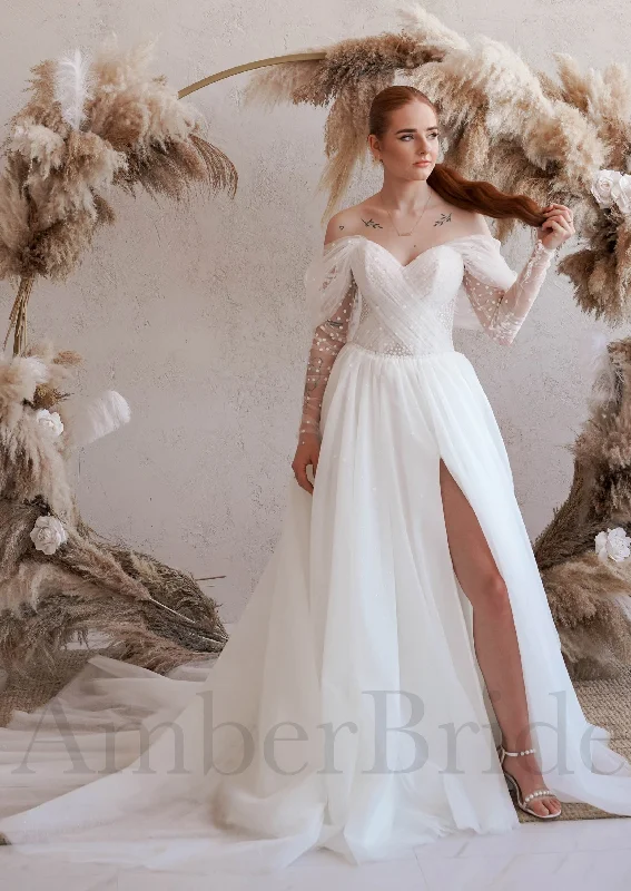 How to add sparkle to your wedding dress-Exclusive Off Shoulder Tulle Wedding Dress with Polka Dot and Long Sleeves