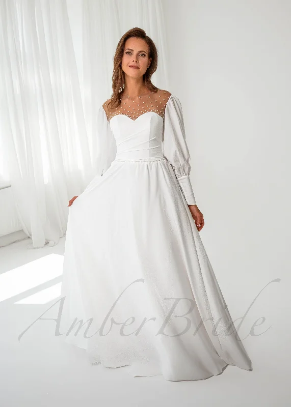 Simple wedding dresses for minimalist brides-Exquisite A Line Satin Wedding Dress with Bishop Sleeves and Illusion Pearls Design Simple wedding dresses for minimalist brides-Exquisite A Line Satin Wedding Dress with Bishop Sleeves and Illusion Pearls Design