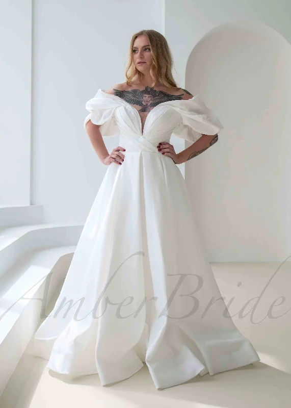 Wedding dresses with beading for added sparkle and shine-Exquisite A Line Satin Wedding Dress with Off Shoulder Deep V Design Wedding dresses with beading for added sparkle and shine-Exquisite A Line Satin Wedding Dress with Off Shoulder Deep V Design