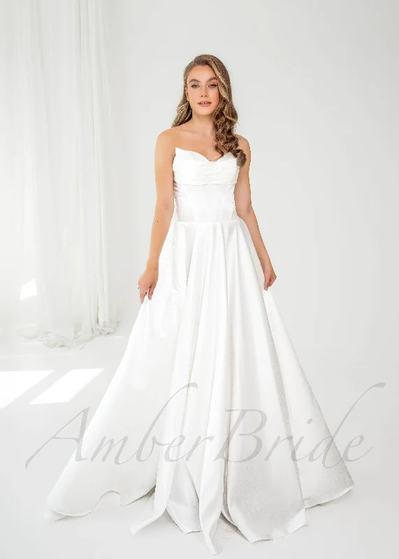 Plus-size wedding dresses for a flattering fit-Exquisite A Line Satin Wedding Dress with Strapless Bodice Plus-size wedding dresses for a flattering fit-Exquisite A Line Satin Wedding Dress with Strapless Bodice