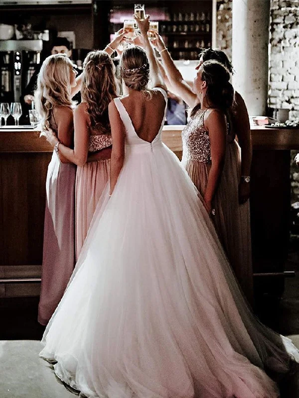 Wedding dresses with minimalist designs for a chic appearance-Exquisite Bateau Tulle Wedding Dresses Backless A-line Gowns WD203 Wedding dresses with minimalist designs for a chic appearance-Exquisite Bateau Tulle Wedding Dresses Backless A-line Gowns WD203