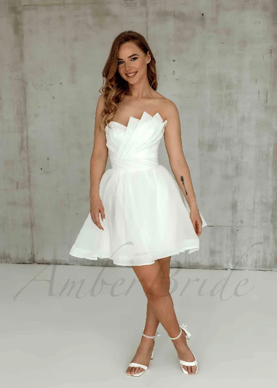 How to style a modern wedding dress with accessories-Exquisite Knee Length Organza Dress with Strapless Folded Design How to style a modern wedding dress with accessories-Exquisite Knee Length Organza Dress with Strapless Folded Design