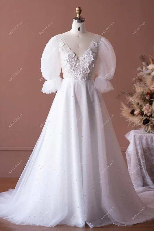 Exquisite Princess Bubble Sleeve Pearl Wedding Dress