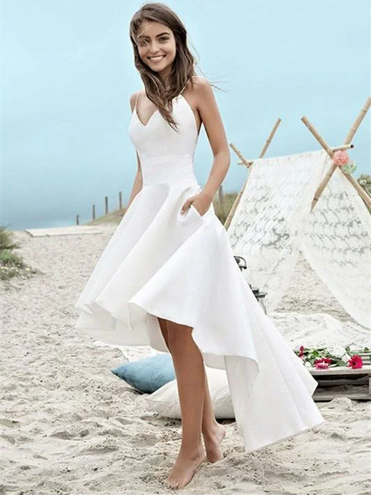 Exquisite Satin Spaghetti Straps Neckline Hi-lo A-line Wedding Dresses WD144