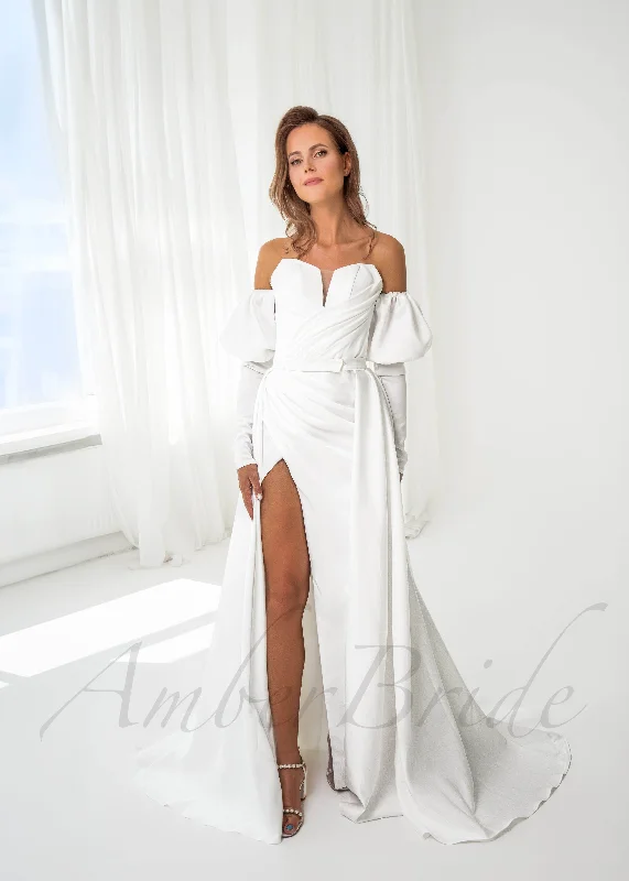 Wedding dresses for brides on a limited budget-Exquisite Satin Wedding Dress with Overskirt and Bishop Sleeves Wedding dresses for brides on a limited budget-Exquisite Satin Wedding Dress with Overskirt and Bishop Sleeves