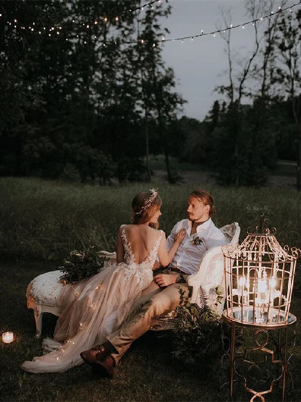 Best wedding dress colors for different skin tones-Exquisite Tulle V-neck Sweep Train A-line Wedding Gowns With Appliques WD192 Best wedding dress colors for different skin tones-Exquisite Tulle V-neck Sweep Train A-line Wedding Gowns With Appliques WD192
