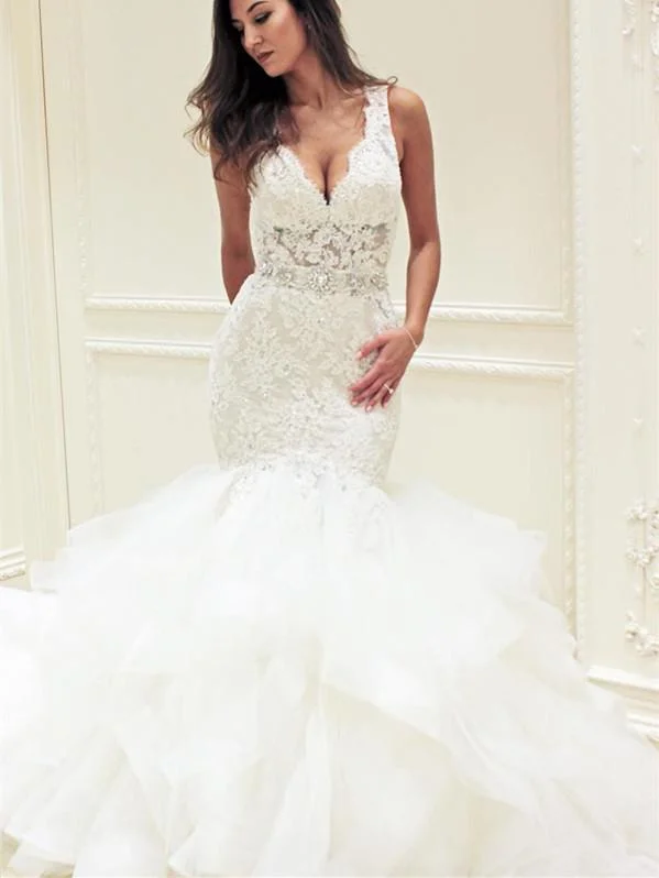 Eye-catching Lace & Tulle V-neck Neckline Mermaid Wedding Dresses With Rhinestones WD072