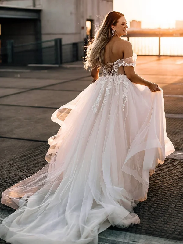Fabulous Beaded Appliqued Tulle Off-The-Shoulder Wedding Dresses A-line  Bridal Gowns WD491