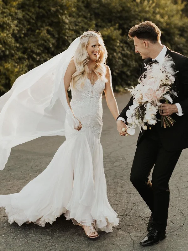 Wedding dresses with simple silhouettes for an understated style-Fabulous Chiffon V-Neck Backless Sleeveless Sweep Train Wedding Dresses WD445 Wedding dresses with simple silhouettes for an understated style-Fabulous Chiffon V-Neck Backless Sleeveless Sweep Train Wedding Dresses WD445