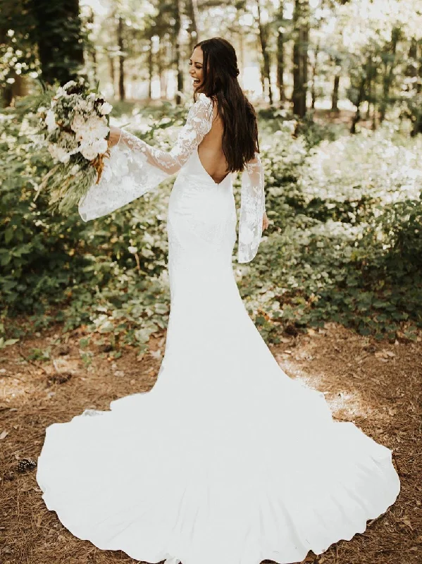 Wedding dresses for brides looking for unique designs-Fabulous Longsleeves V-Neck Wedding Dresses Backless Sweep Train Bridal Gowns WD436 Wedding dresses for brides looking for unique designs-Fabulous Longsleeves V-Neck Wedding Dresses Backless Sweep Train Bridal Gowns WD436