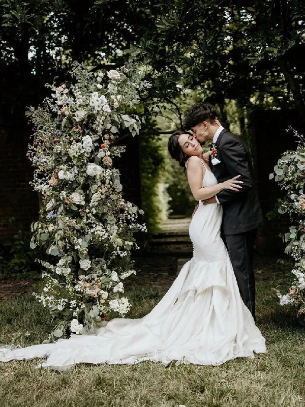 Best wedding dresses for a vintage or antique style-Fabulous Mermaid Satin Spaghetti Straps Backless V-Neck Wedding Dresses WD448 Best wedding dresses for a vintage or antique style-Fabulous Mermaid Satin Spaghetti Straps Backless V-Neck Wedding Dresses WD448