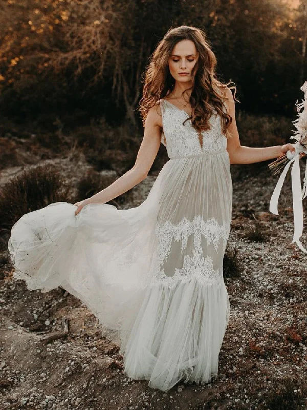 Fabulous Tulle Illusion V-neck A-line Backless Wedding Gowns  WD389