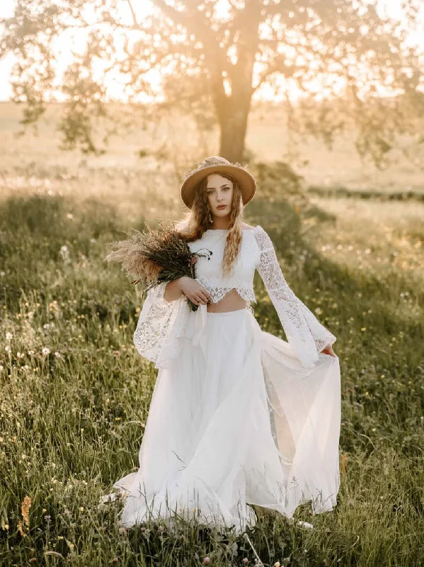 Trendy wedding dresses for 2025 brides-Fabulous Two-pieces A-line Long Trumpet Sleeves Lace Tulle Chapel Train Wedding Dresses WD357 Trendy wedding dresses for 2025 brides-Fabulous Two-pieces A-line Long Trumpet Sleeves Lace Tulle Chapel Train Wedding Dresses WD357