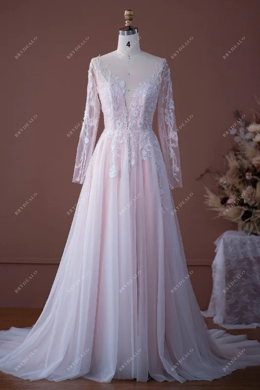 Pink Tulle Illusion Neck Garden Wedding Dress