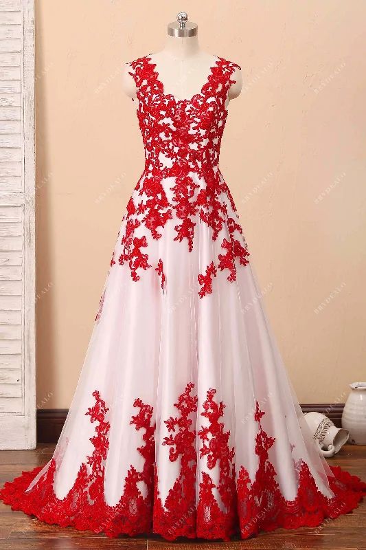 Fancy Red Lace Ivory Satin V-neck Wedding Dress